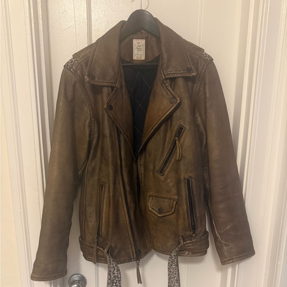 Free People We The Free Over You Brown Oversized Leather Leopard Moto Jacket - Picture 7 of 13